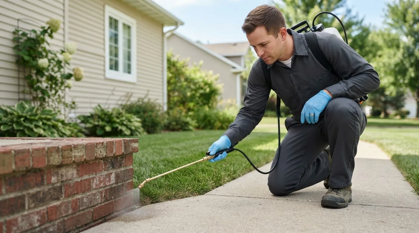 Pest control technician treating a home near Valliant, OK