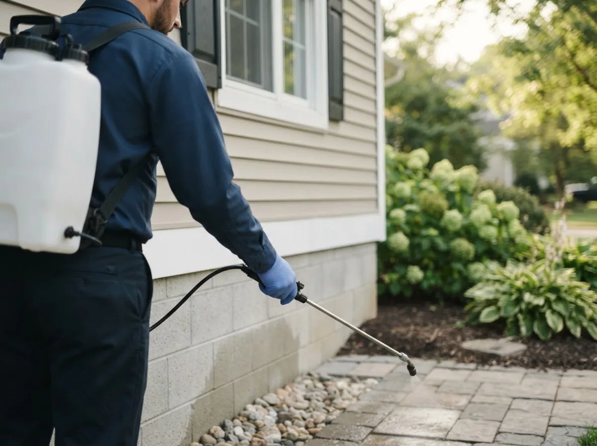 Pest control technician inspecting a home in Valliant, OK